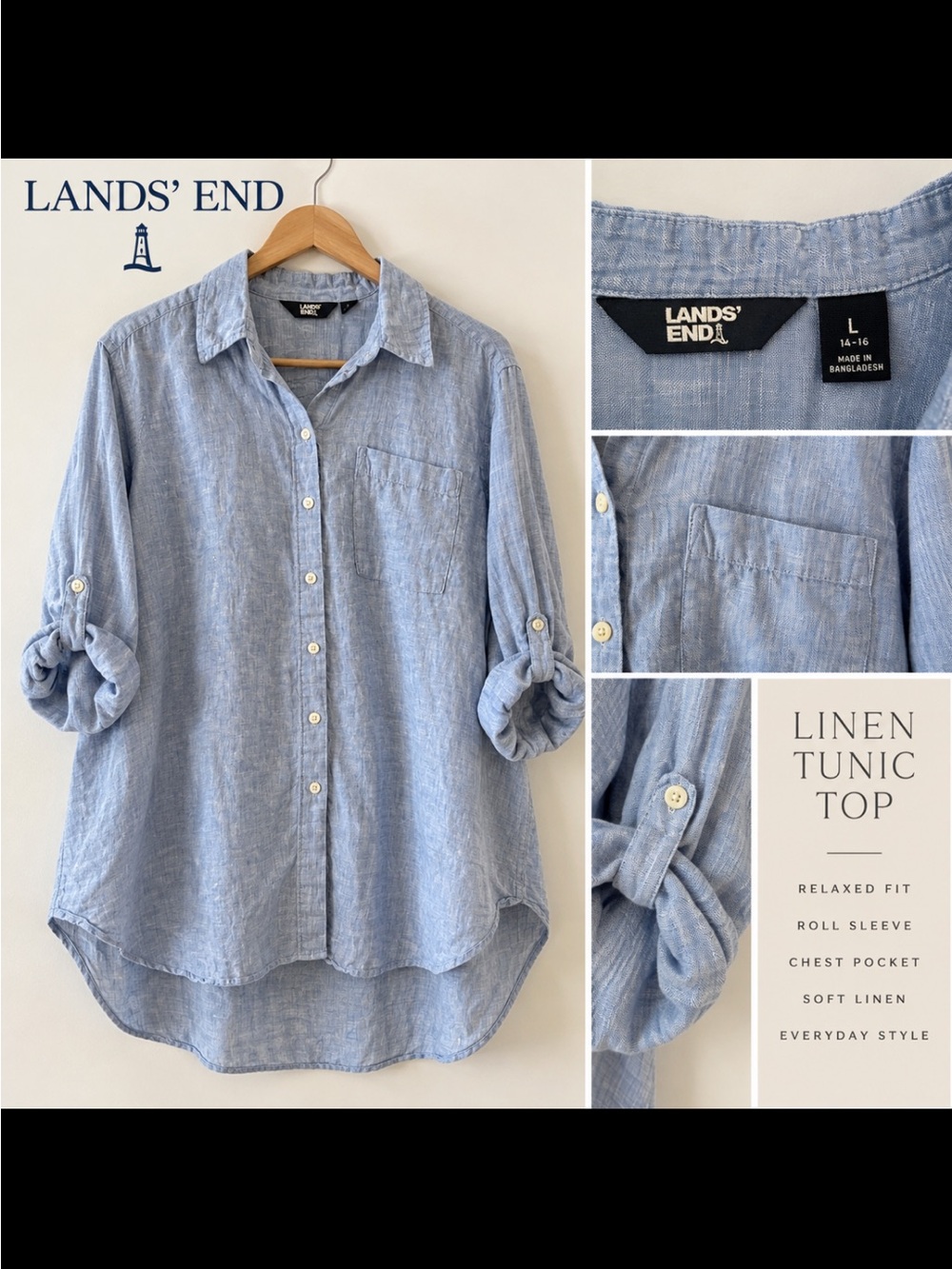 Lands' End Light Blue Linen Button-Down Tunic